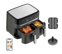 Bild zu Tefal EY905B Heißluftfritteuse mit 2 Kammern (8,3 Liter) + Grillplatte sowie Hamburger-Presse für 139,90€ (Vergleich: 199,99€)