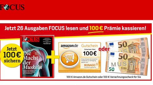 Bild zu 26 Ausgaben Focus für 135,20€ + 100€ Amazon.de Gutschein oder 100€ Scheck als Prämie