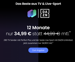 Bild zu waipu.tv Perfect Plus mit DAZN Unlimited Jahrespaket nur 34,99€ mtl. statt 44,99€