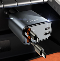 Bild zu LISEN 69W Zigarettenanzünder USB-C Auto Ladegerät mit einziehbaren Kabeln (Lightning und USB-C) für 19,99€