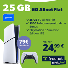 Bild zu Playstation 5 Slim Disc Edition 1TB für 79€ mit 25GB 5G o2 Daten, SMS und Sprachflat für 24,99€/Monat + 150€ Rufnummernmitnahmebonus