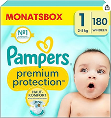 Bild zu Pampers Baby Windeln Größe 1, Premium Protection, Windeln x180, 2kg-5kg, Doppelter Schutz für Hautkomfort & gegen Auslaufen ab 25,86€