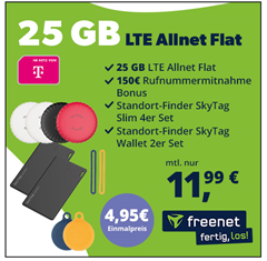 Bild zu 25GB LTE Telekom Datenflat mit SMS und Sprachflat inkl. 150€ Rufnummermitnahmebonus für 11,99€/Monat + für 4,95€ SmartTag Finder