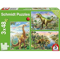 Bild zu Schmidt Spiele Kinderpuzzle Abenteuer mit den Dinosauriern (3×48 Teile) für 6,82€ (Vergleich: 8,79€)