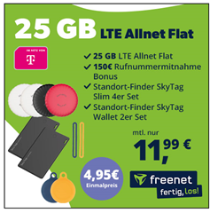 Bild zu 6 x Smart Tag (4mal für Objekte, 2mal für´s Portemonnaie) für 4,95€ mit 25GB LTE Daten, SMS & Sprachflat im Telekom Netz für 11,99€ + 150€ Wechselbonus